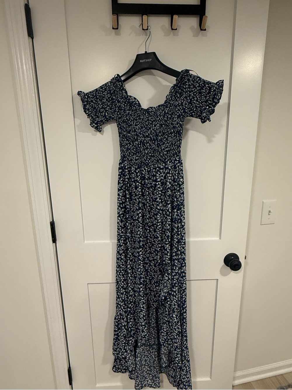 Mi Ami, Navy Blue Floral Smocked Off-Shoulder Midi Dress, XS
